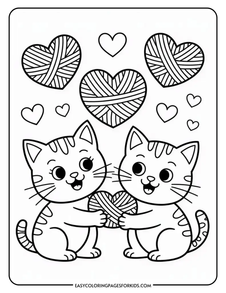 Two cartoon cats holding a heart-shaped ball of yarn, surrounded by smaller hearts.