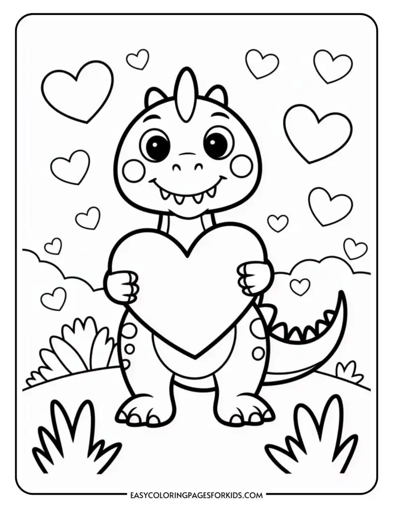 Cute cartoon dinosaur holding a heart, surrounded by smaller hearts in a playful setting.