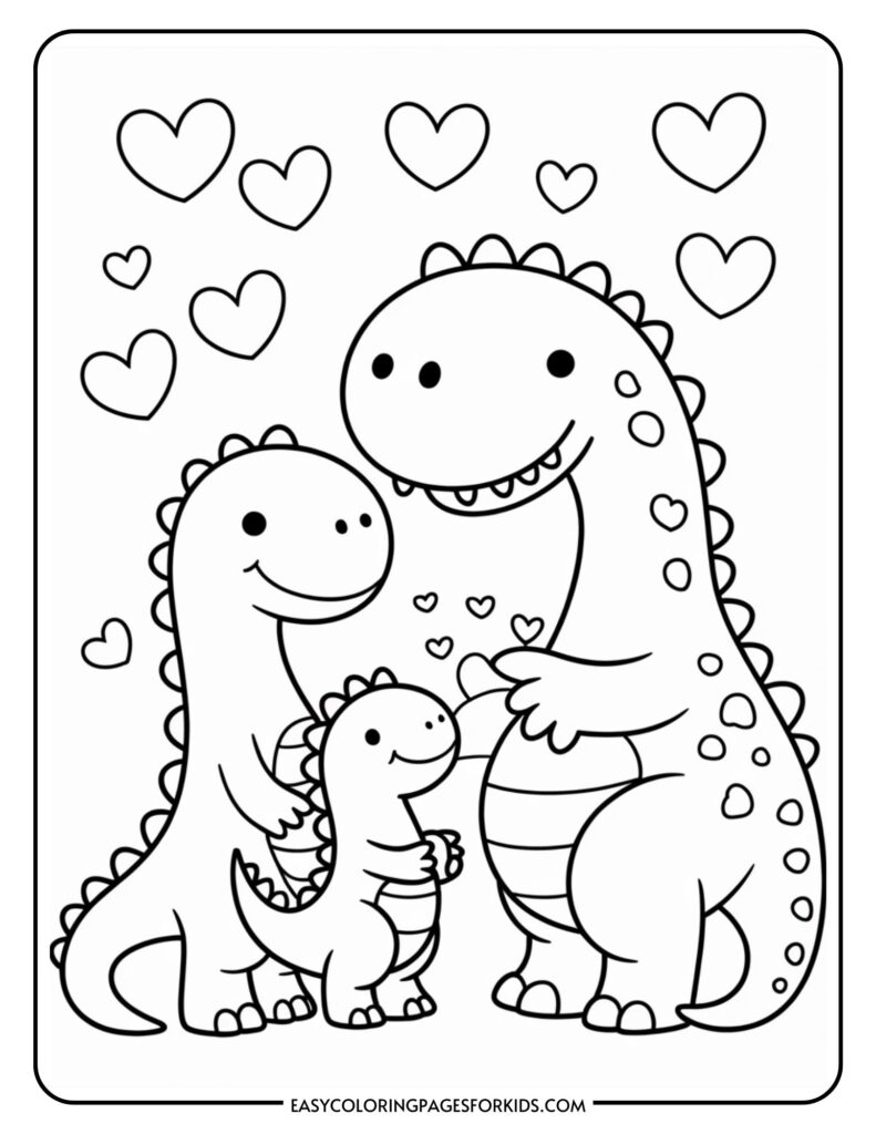 Cartoon dinosaurs with hearts above, including a large, medium, and small dinosaur, suggesting a family.