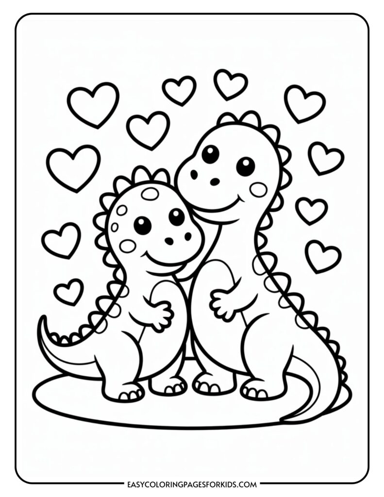 Two cartoon dinosaurs hugging surrounded by hearts on a coloring page for kids.
