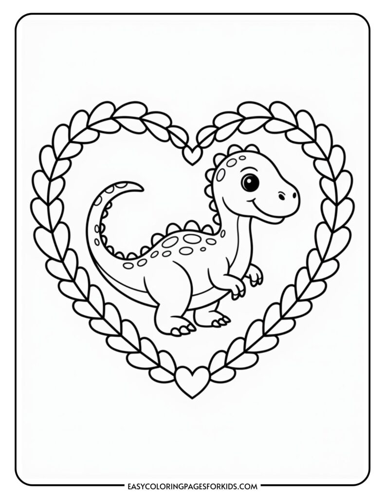 Cute cartoon dinosaur inside a heart-shaped border made of leaves.