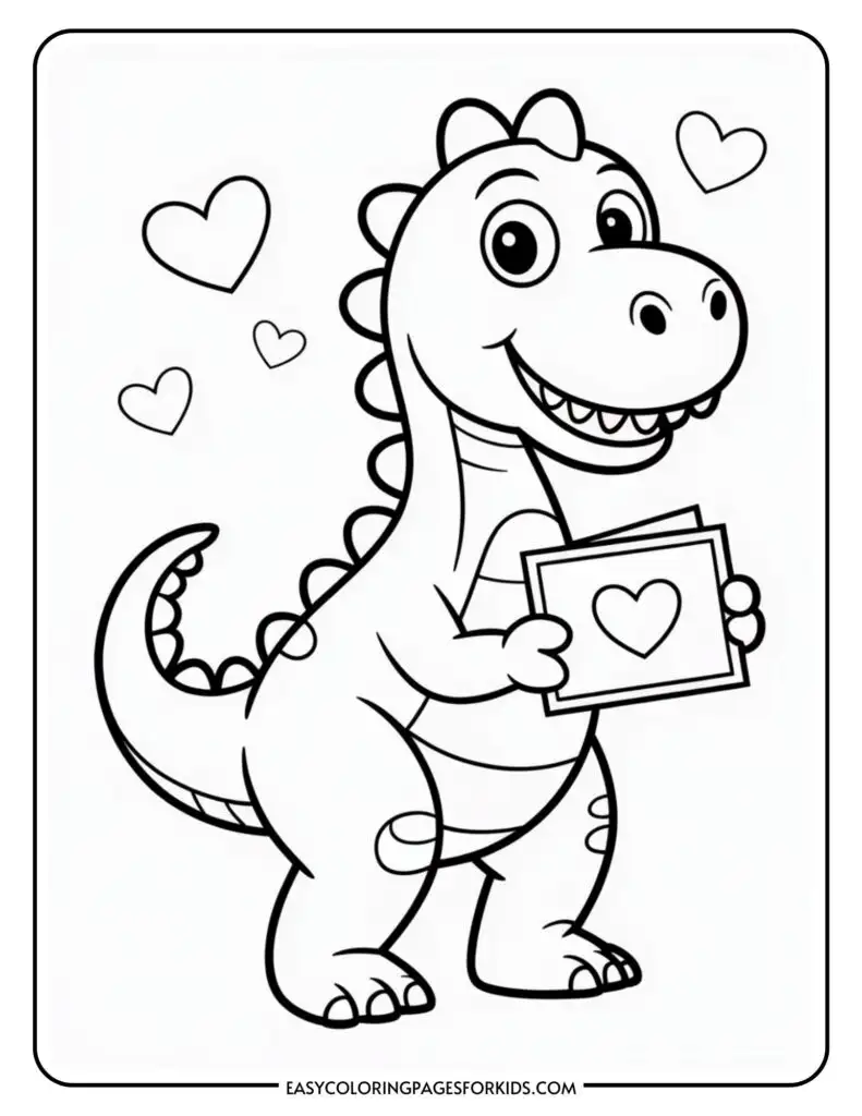 A cartoon dinosaur holding a card with a heart, surrounded by floating hearts.