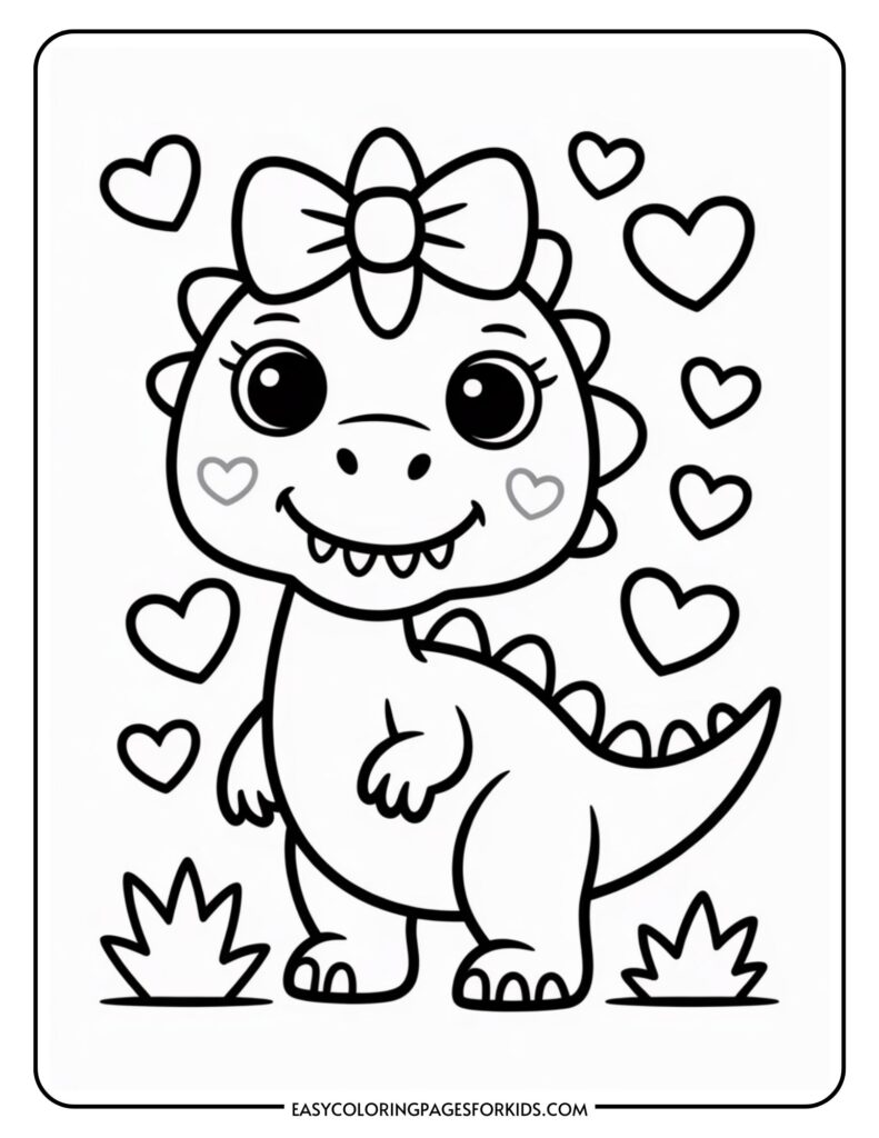 Cute dinosaur with a bow surrounded by hearts and plants, designed as a coloring page for kids.