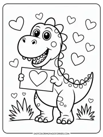 A cartoon dinosaur holding a heart-decorated sign, surrounded by hearts, with grass at its feet.