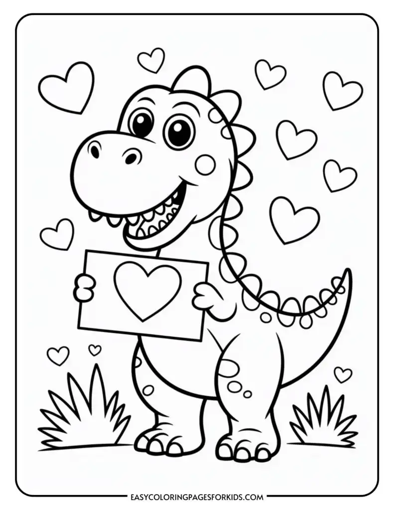 A cartoon dinosaur holding a heart-decorated sign, surrounded by hearts, with grass at its feet.