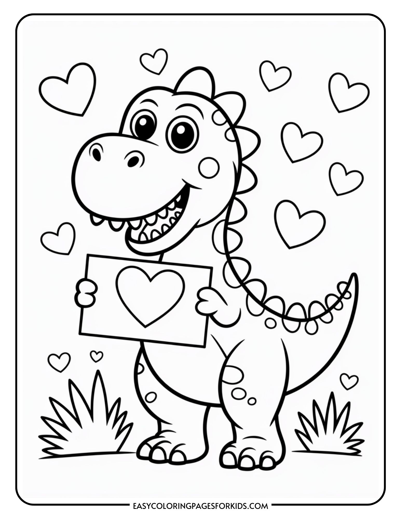 A cartoon dinosaur holding a heart-decorated sign, surrounded by hearts, with grass at its feet.