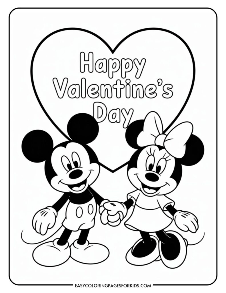 Mickey and Minnie Mouse holding hands in front of a heart with "Happy Valentine's Day" text.