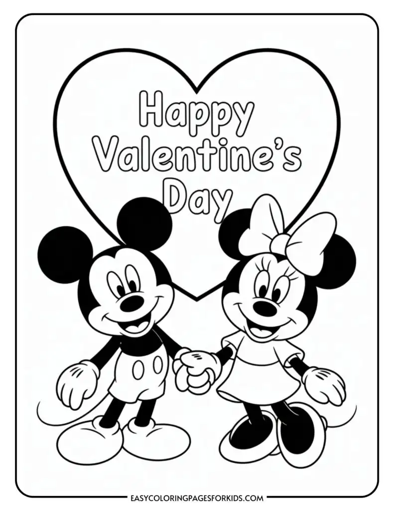 Mickey and Minnie Mouse holding hands in front of a heart with "Happy Valentine's Day" text.