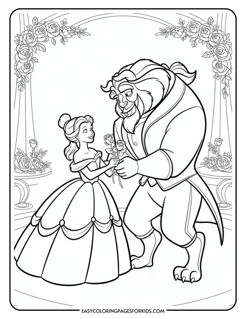 A fairy tale couple, a princess in a gown and a beast in a suit, holding hands and looking at each other with roses around them.