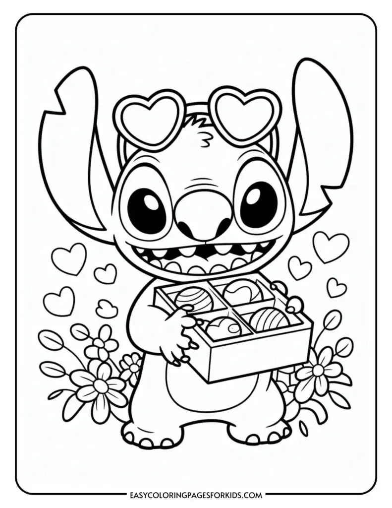 A cartoon character with large ears and heart-shaped sunglasses holds a box of chocolates, surrounded by flowers and hearts.