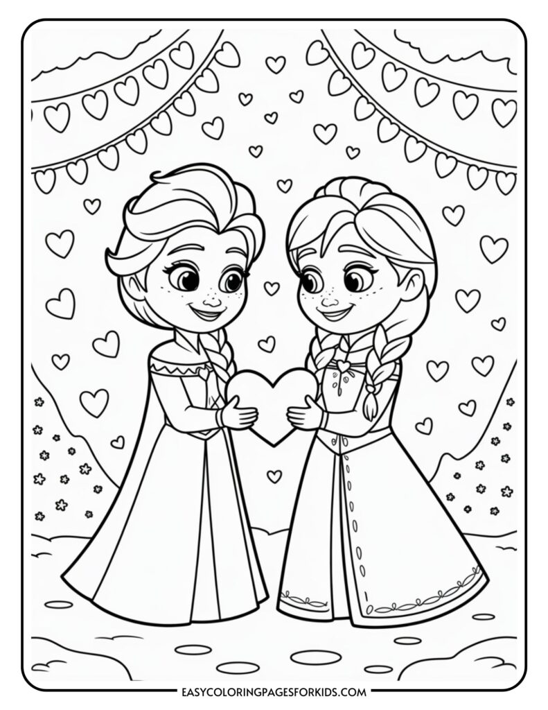 Two animated girls in dresses hold a large heart, with heart-shaped decorations in the background.