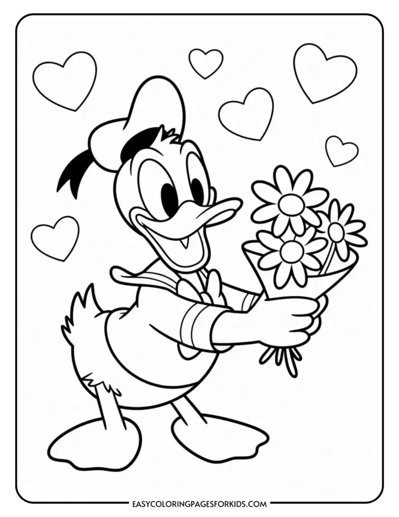 A cartoon duck wearing a sailor shirt and hat holds a bouquet of flowers, surrounded by heart shapes.
