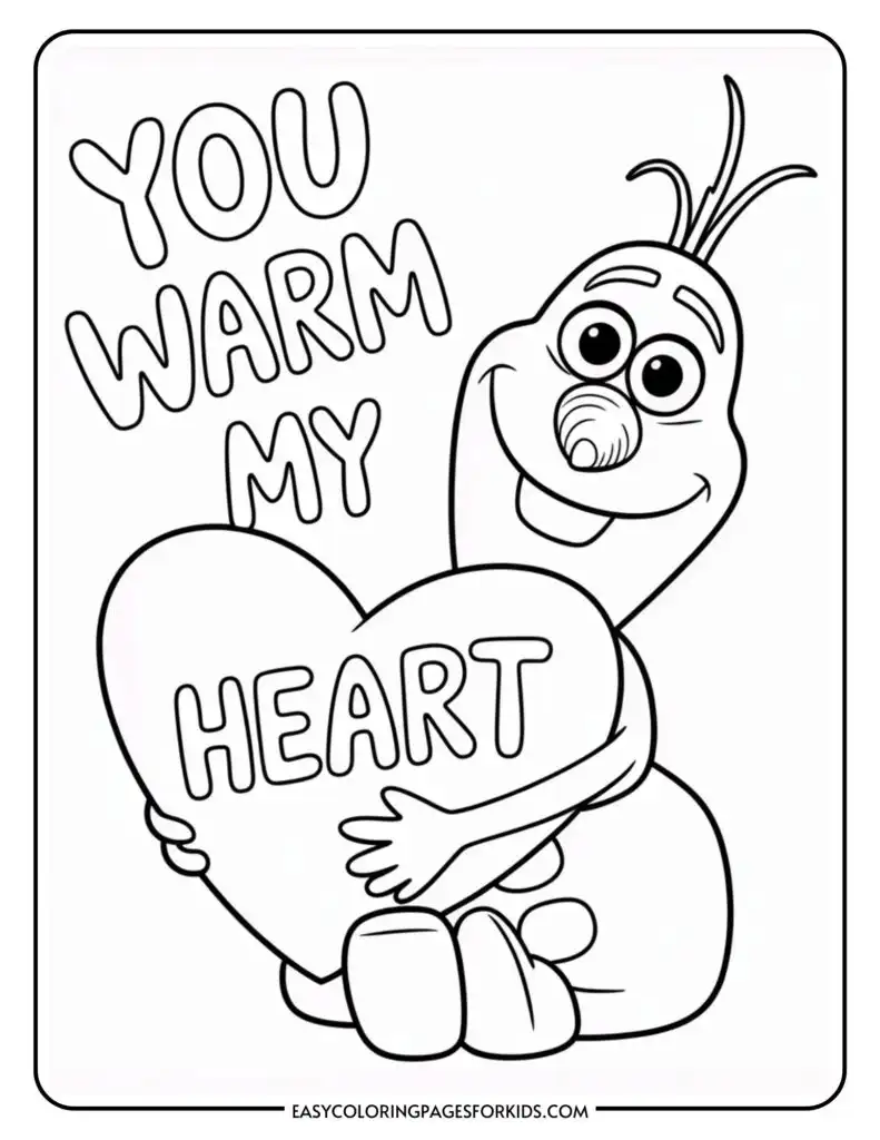 Cartoon character holding a heart with "You Warm My Heart" written beside and on the heart.