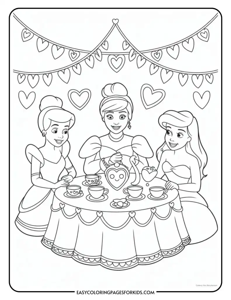 Three princesses at a table with tea cups and heart-shaped decorations above.