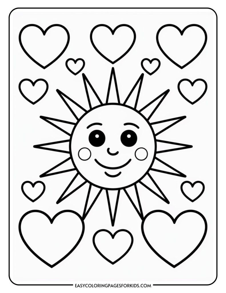A smiling sun with rays surrounded by various sizes of hearts in a coloring page design.