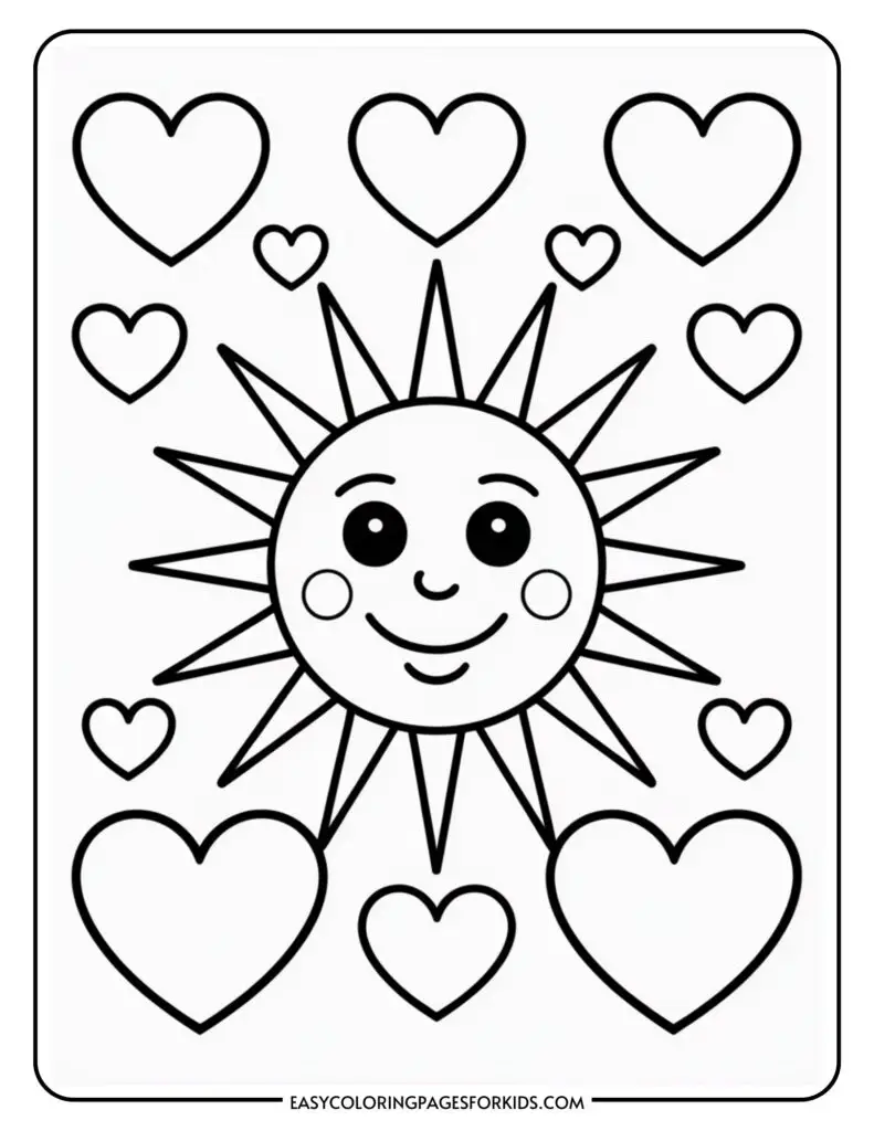A smiling sun with rays surrounded by various sizes of hearts in a coloring page design.