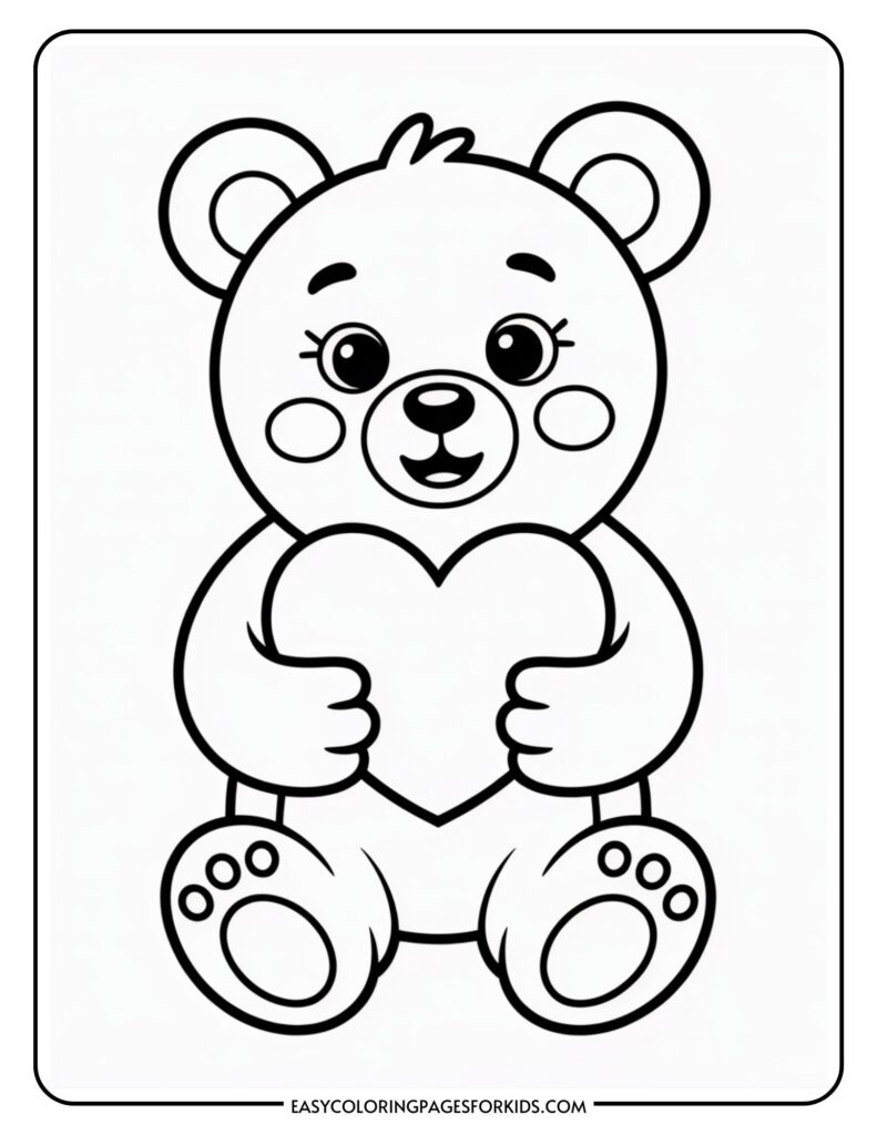 Cute teddy bear holding a heart, outlined in a coloring page style.
