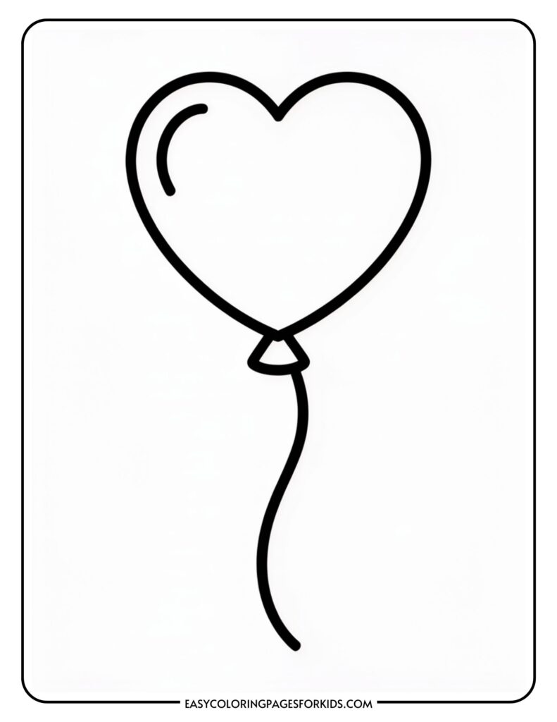 Outline drawing of a heart-shaped balloon with a string, intended for coloring.