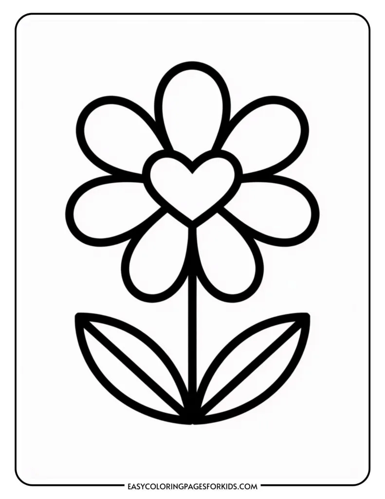 A simple black and white drawing of a flower with heart-shaped center and oval petals, featuring two leaves on the stem.