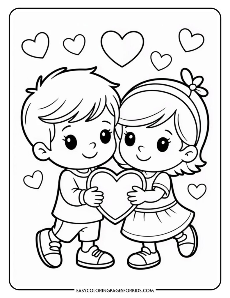A boy and a girl holding a large heart, surrounded by smaller hearts, in a coloring page style.