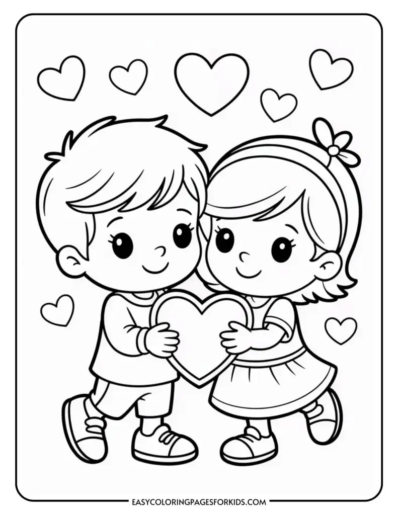 A boy and a girl holding a large heart, surrounded by smaller hearts, in a coloring page style.