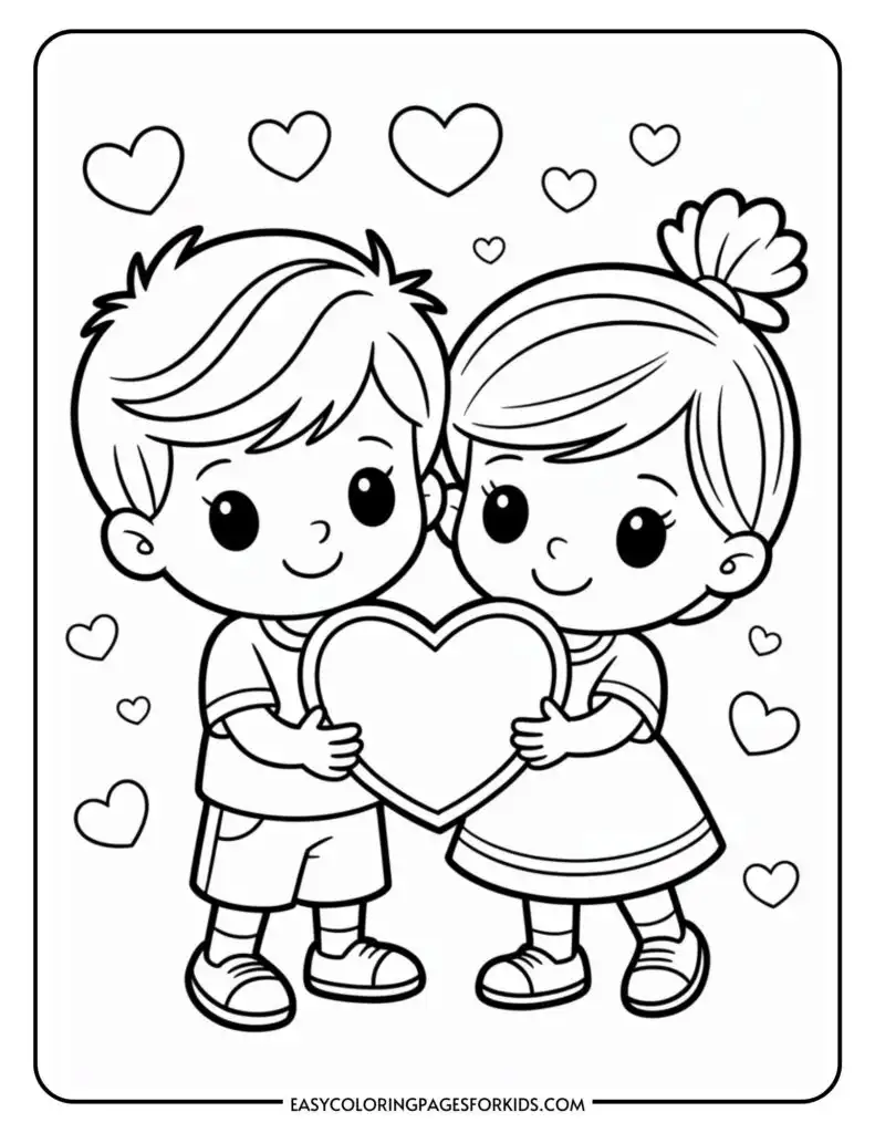 Two children smiling and holding a large heart, surrounded by smaller hearts.