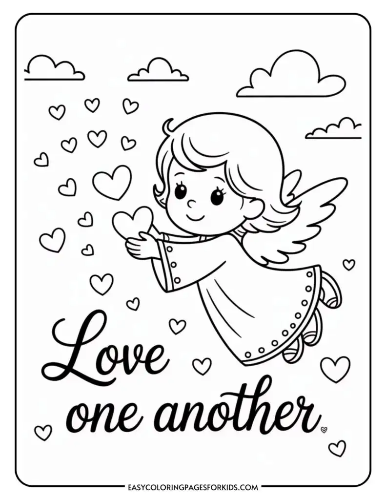 A smiling angel with wings holding a heart, surrounded by floating hearts and clouds, with the text "Love one another."