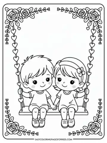 Two cartoon children sitting on a swing decorated with flowers and hearts, holding hands and smiling.