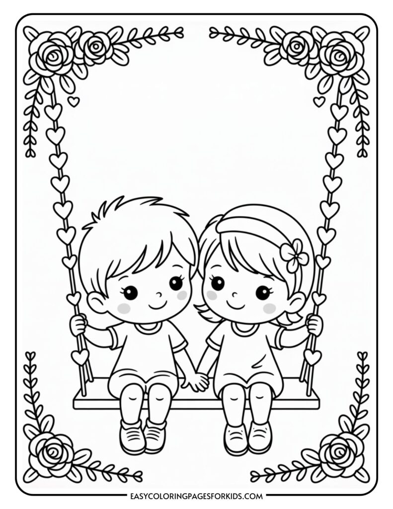 Two cartoon children sitting on a swing decorated with flowers and hearts, holding hands and smiling.