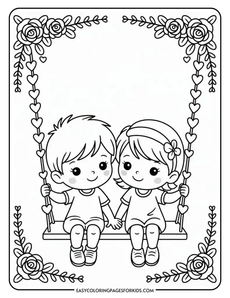 Two cartoon children sitting on a swing decorated with flowers and hearts, holding hands and smiling.