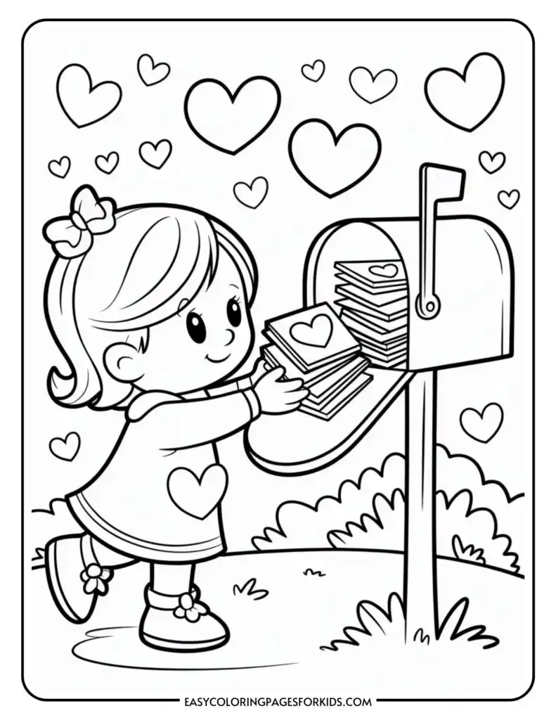 A child places a heart-decorated letter in a mailbox filled with similar letters, surrounded by floating hearts.