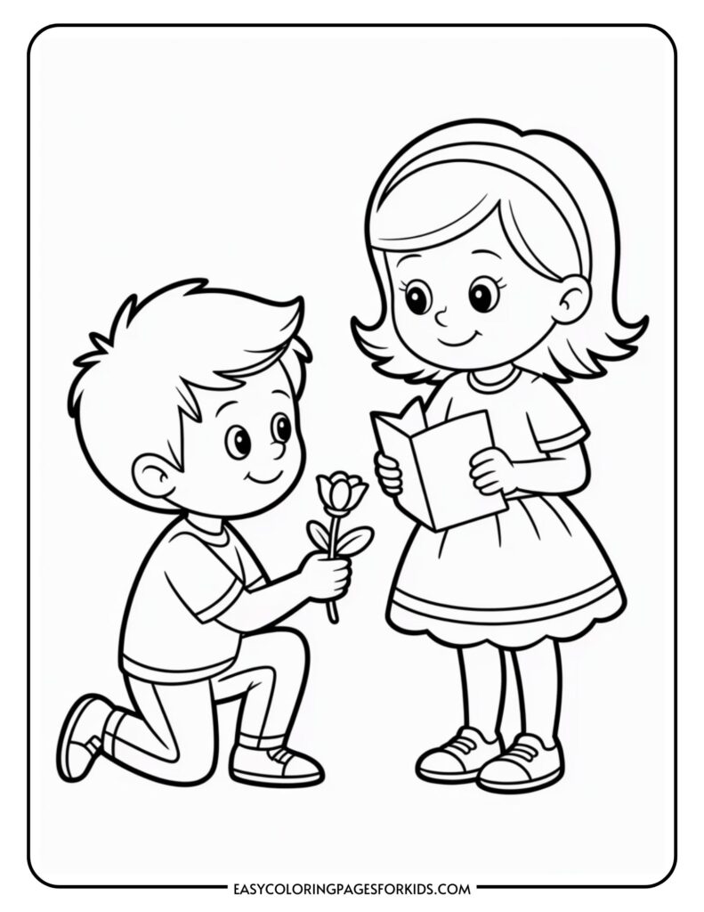 A boy kneels, offering a flower to a smiling girl holding a book.