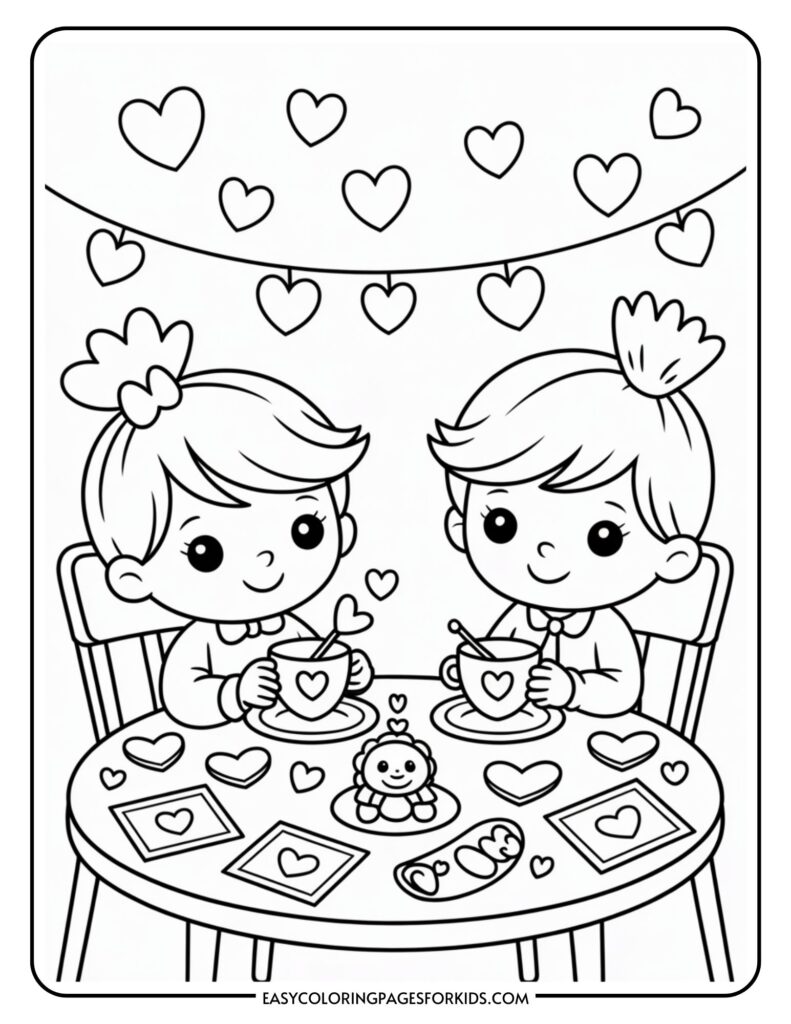 Two children sitting at a table with heart-themed decorations, enjoying hot drinks and smiling.
