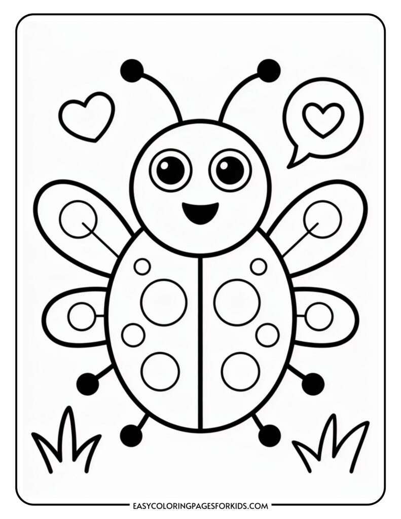 A cartoon ladybug with heart-shaped speech bubble and grass, surrounded by hearts.