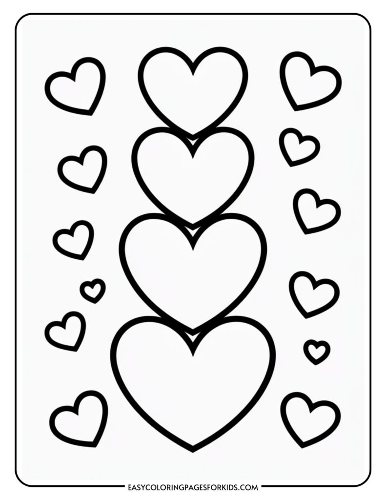 Outlined hearts of various sizes arranged vertically with smaller hearts scattered around.