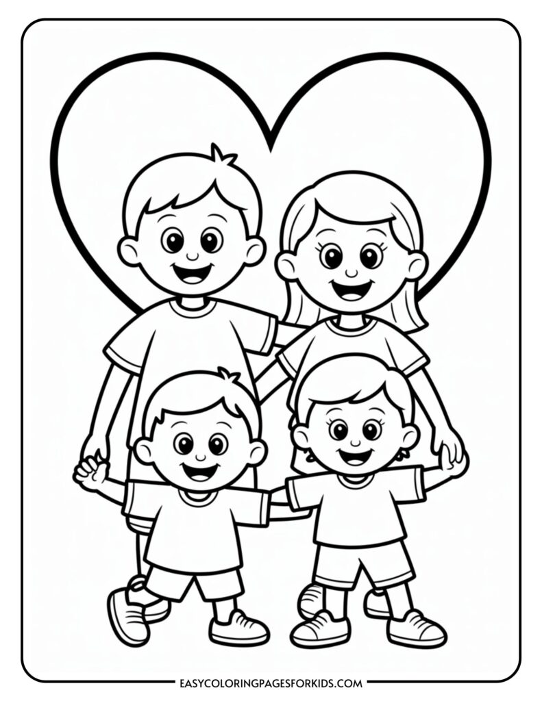 A cartoon family of four smiling, standing in front of a large heart outline.