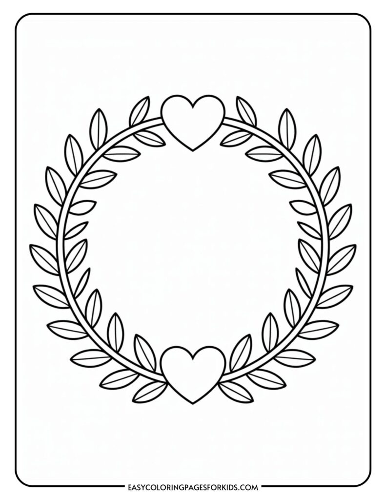 A circular laurel wreath with two hearts at the top and bottom, outlined for coloring.