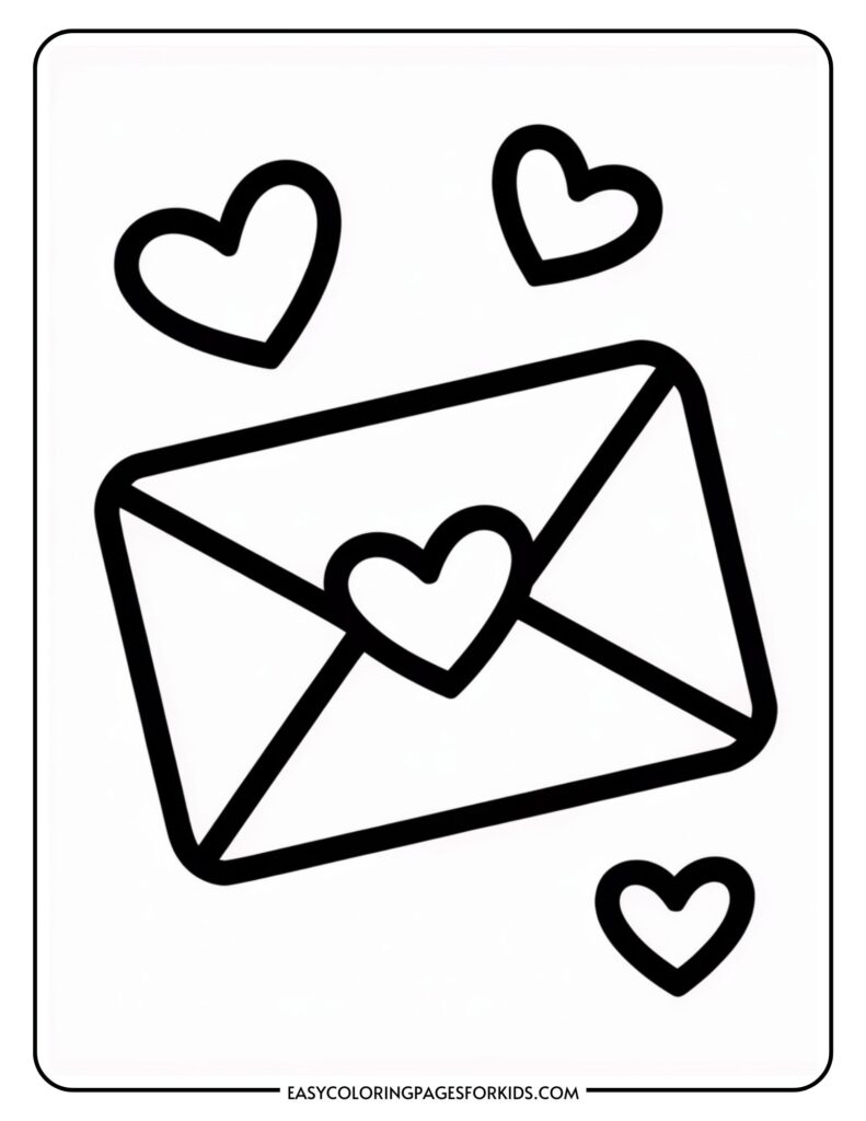 An envelope with a heart symbol on it, surrounded by three additional hearts.