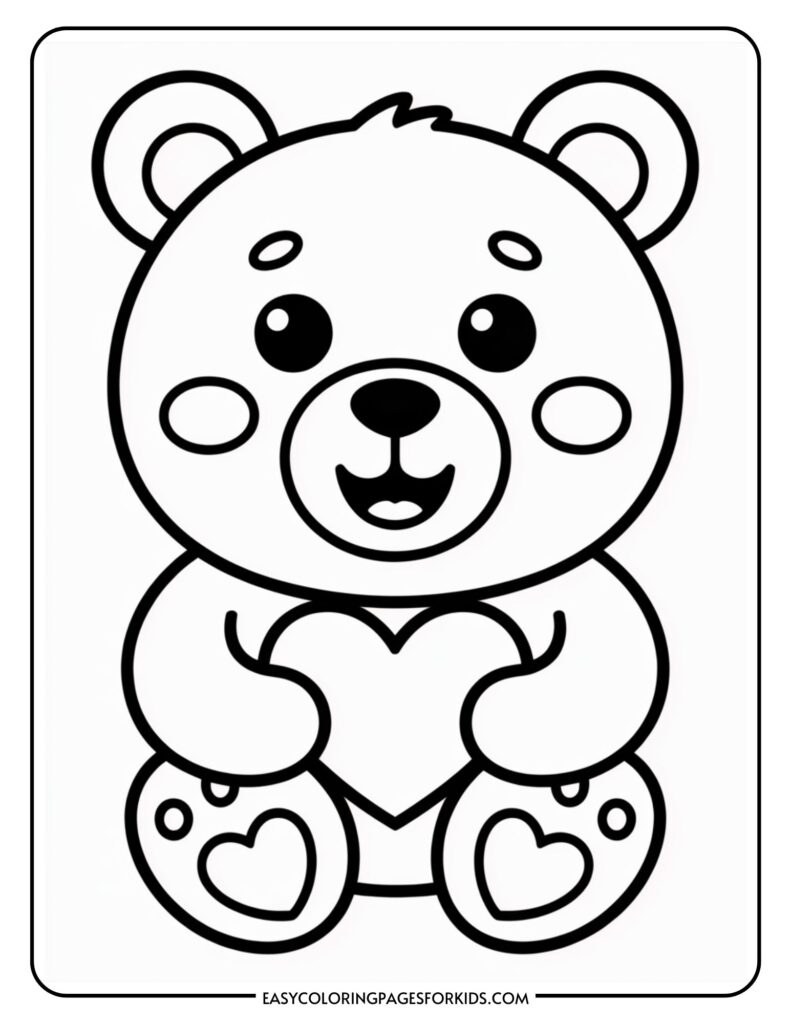 Cute teddy bear holding a heart while sitting, with heart shapes on its paws and blushing cheeks.
