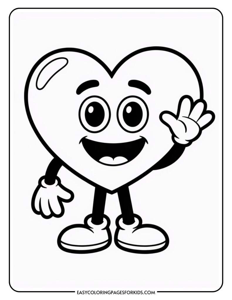 Cartoon heart character with eyes, a smile, and one hand raised in a wave.