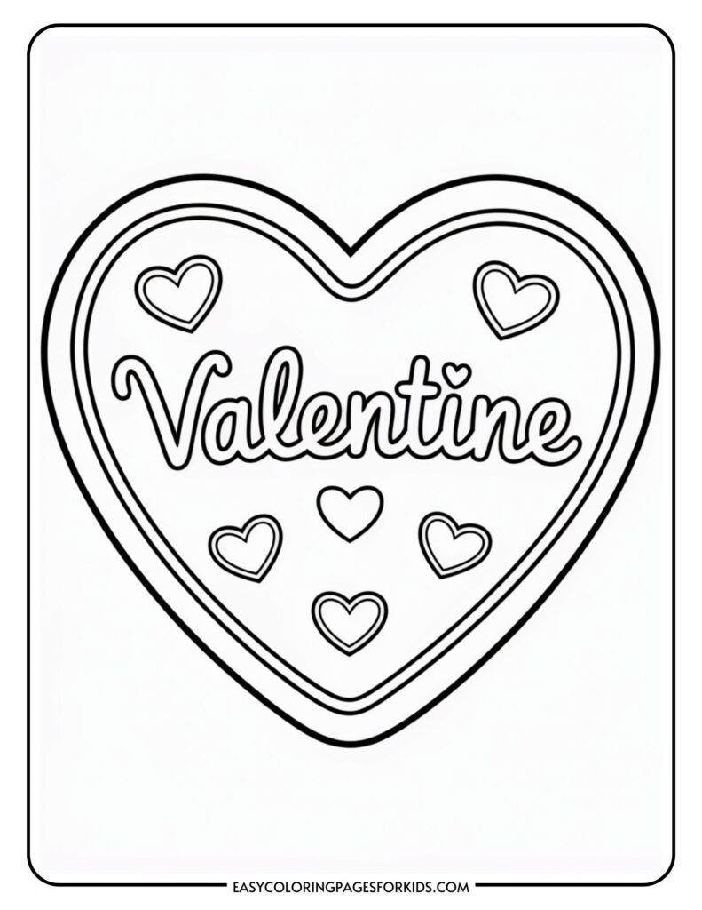 Black and white outline of a large heart with "Valentine" inside and smaller hearts surrounding it.