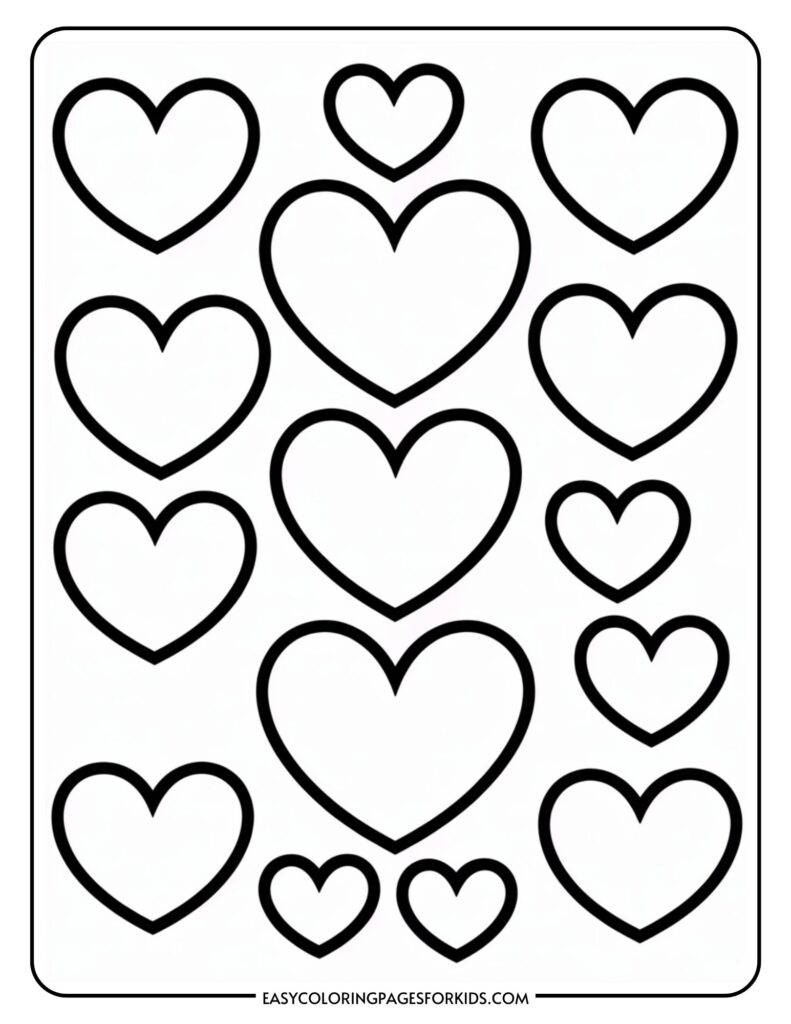A sheet with various sizes of outlined hearts, arranged in rows.