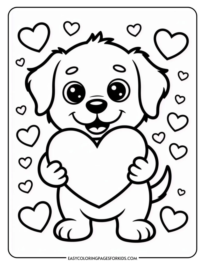 Cute cartoon puppy holding a large heart, surrounded by smaller hearts.