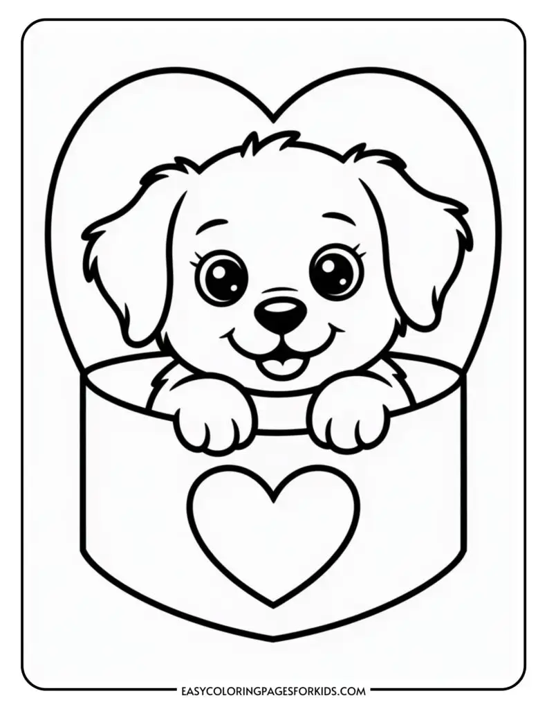 A cute cartoon puppy peeking from a heart-shaped box, smiling eagerly.