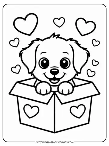 A cute puppy with big eyes and a smiling face peeks out of a box decorated with hearts, surrounded by floating hearts.
