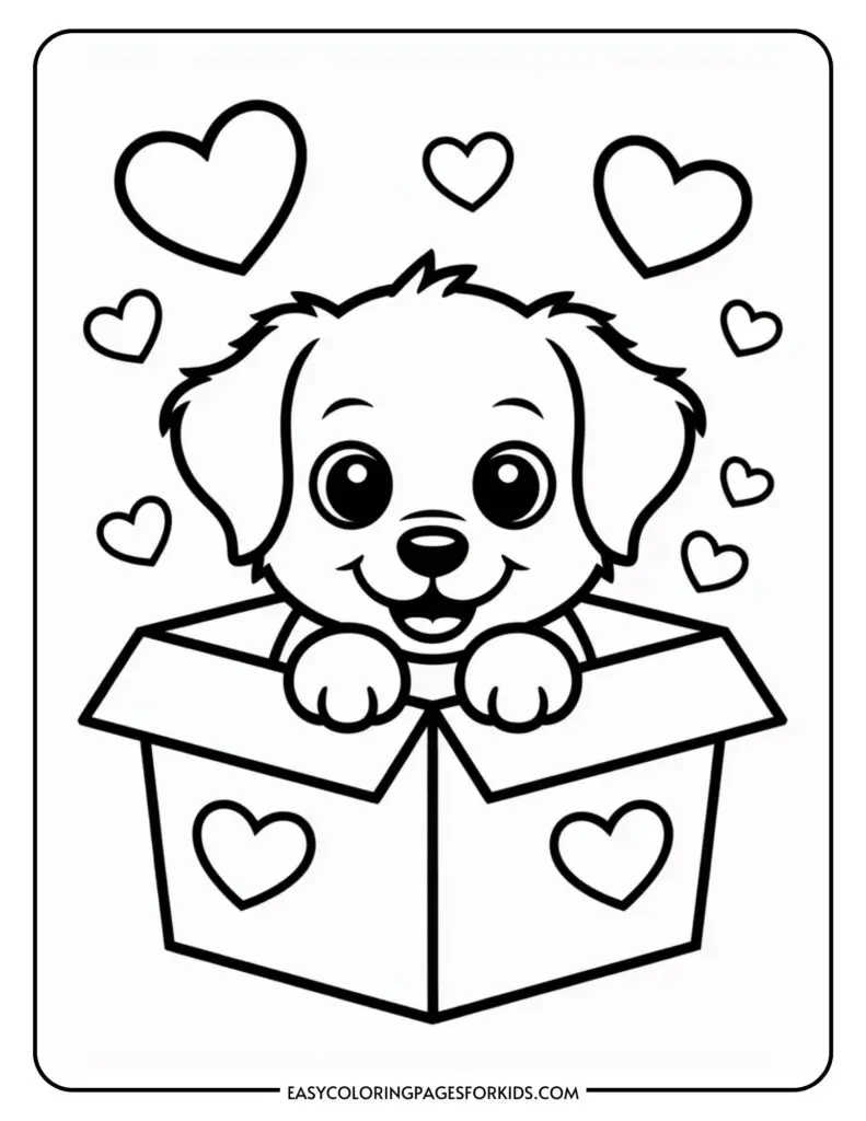 A cute puppy with big eyes and a smiling face peeks out of a box decorated with hearts, surrounded by floating hearts.