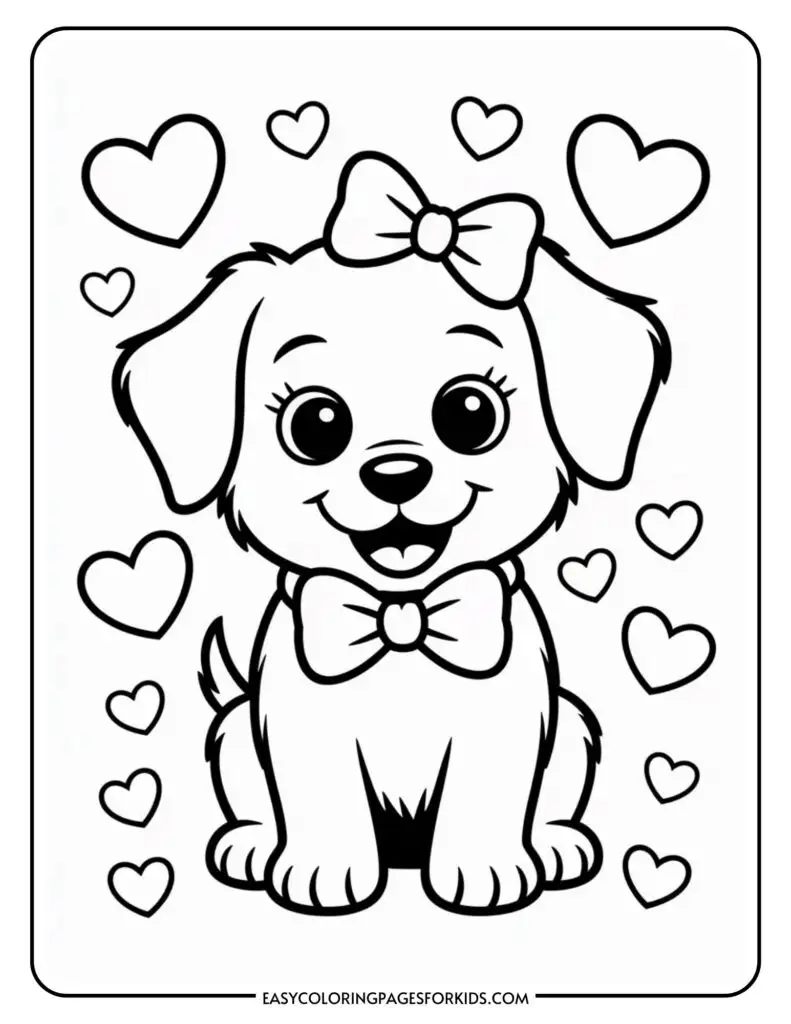 A cute cartoon puppy with a bow on its head and neck, surrounded by heart shapes.