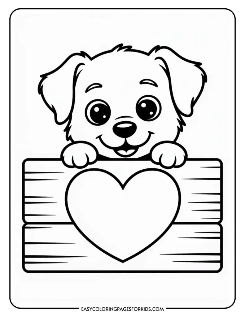 Cartoon puppy smiling and holding a wooden sign with a heart in the center.