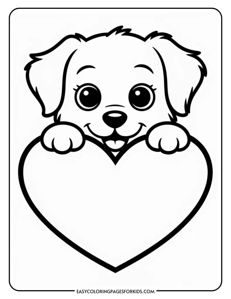 Cartoon puppy with large eyes and a big smile peeking over a heart shape.