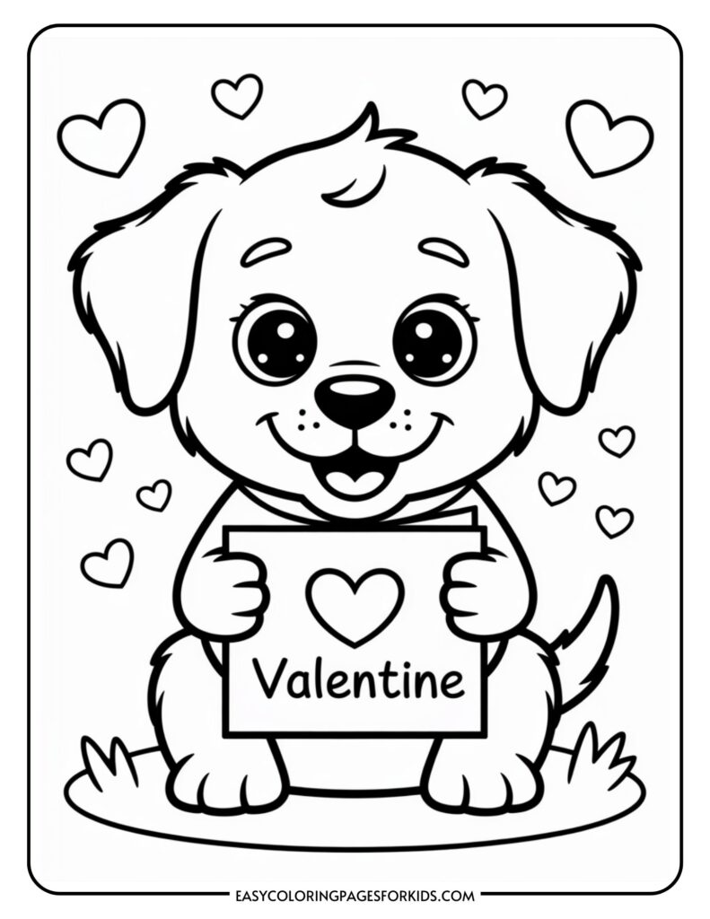 A cute puppy holding a sign with the word "Valentine," surrounded by hearts.